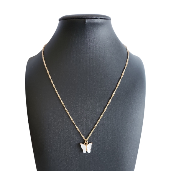 Gold Tone White Butterfly Pendant Necklace - Picture 1 of 11